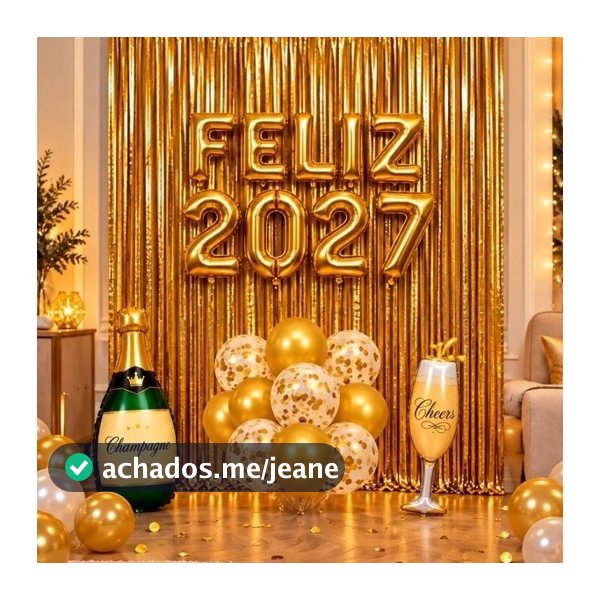 KIT DECORAÇÃO ANO NOVO 2027 DOURADO COM CORTINAS METALIZADAS BALÕES FELIZ 2027 CHAMPANHE TAÇA E BUQUÊ DE BEXIGAS