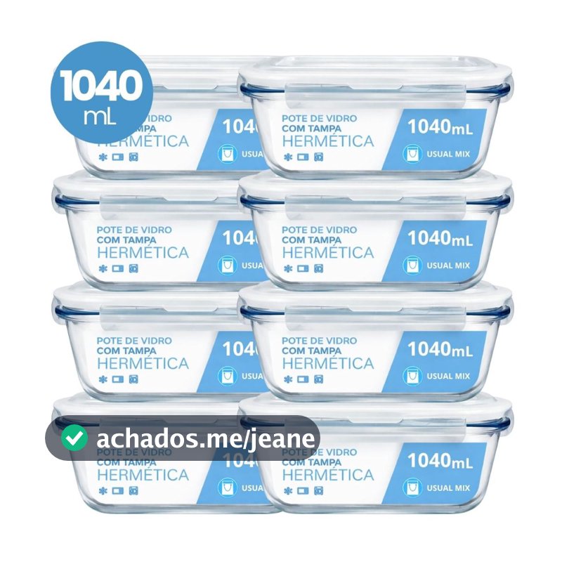 Kit 10 Pote Vidro Hermético Marmita 1040ml Micro-ondas Freezer Forno Organização Geladeira