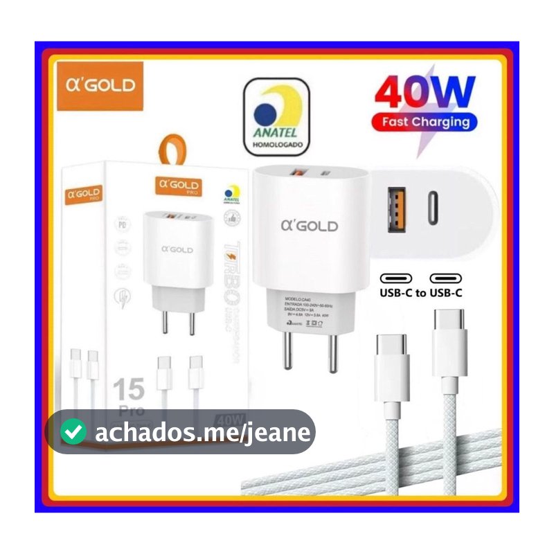 Carregador Turbo 40W com cabo Tipo C para Tipo C Fonte PD 2 Entrada USB e USB C carregamento rápido