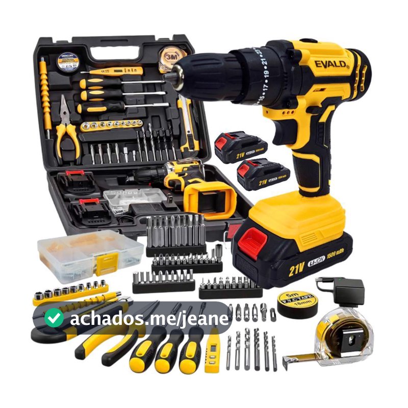 Parafusadeira Furadeira Bateria 21V com Impacto, Maleta, 2 Baterias e Kit 136 Peças Bivolt EVALD