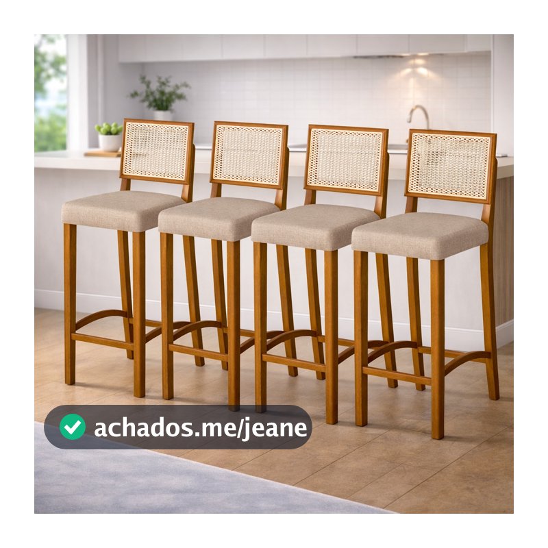 Kit Banquetas Altas de Madeira com Encosto Rattan e Assento Estofado Cozinha Bancada Área Gourmet