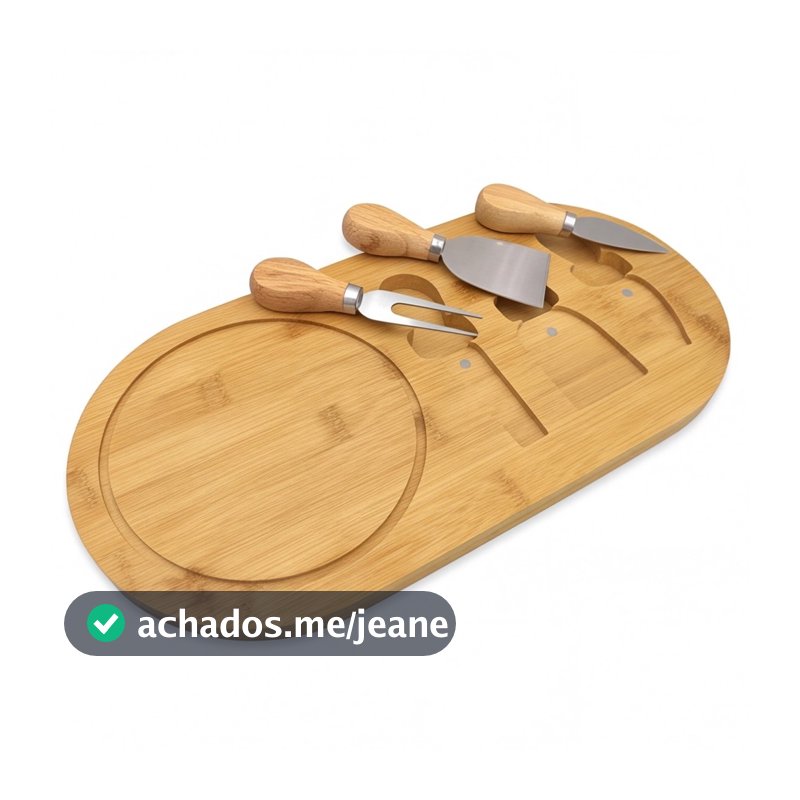 Tábua de Queijos e Frios em Bambu 36x18cm com 3 Utensílios para Petiscos e Aperitivos Gourmet