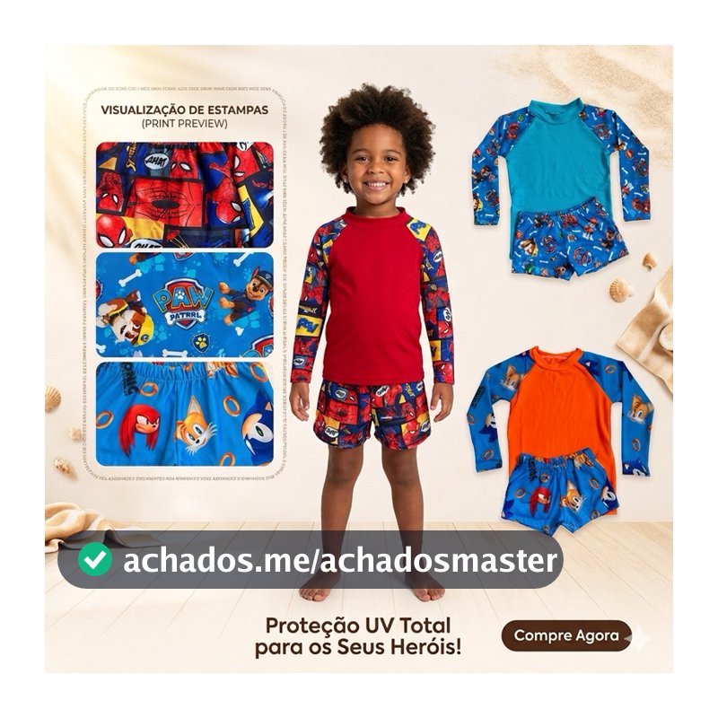 Conjunto Sunga + Camiseta proteção UV 50 infantil /Manga longa natação /Moda praia personagens /Autismo/Quebra-Cabeça
