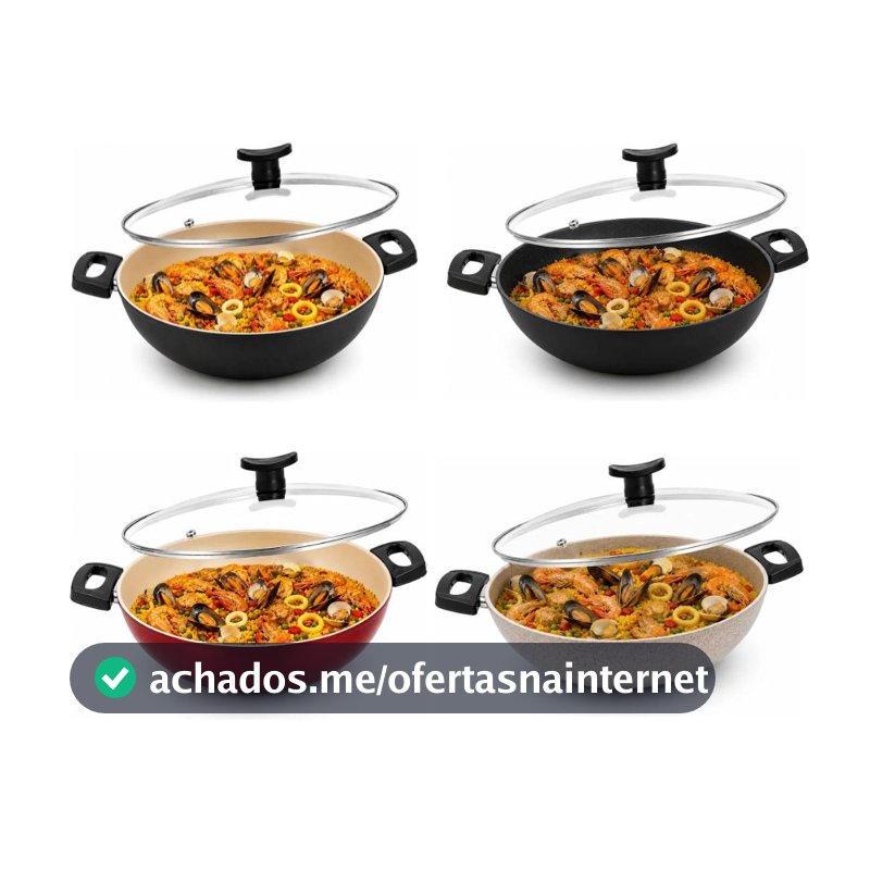 Frigideira Wok com Tampa 30cm Grande Alta Antiaderente Teflon de Vidro Caçarola paella paelleira