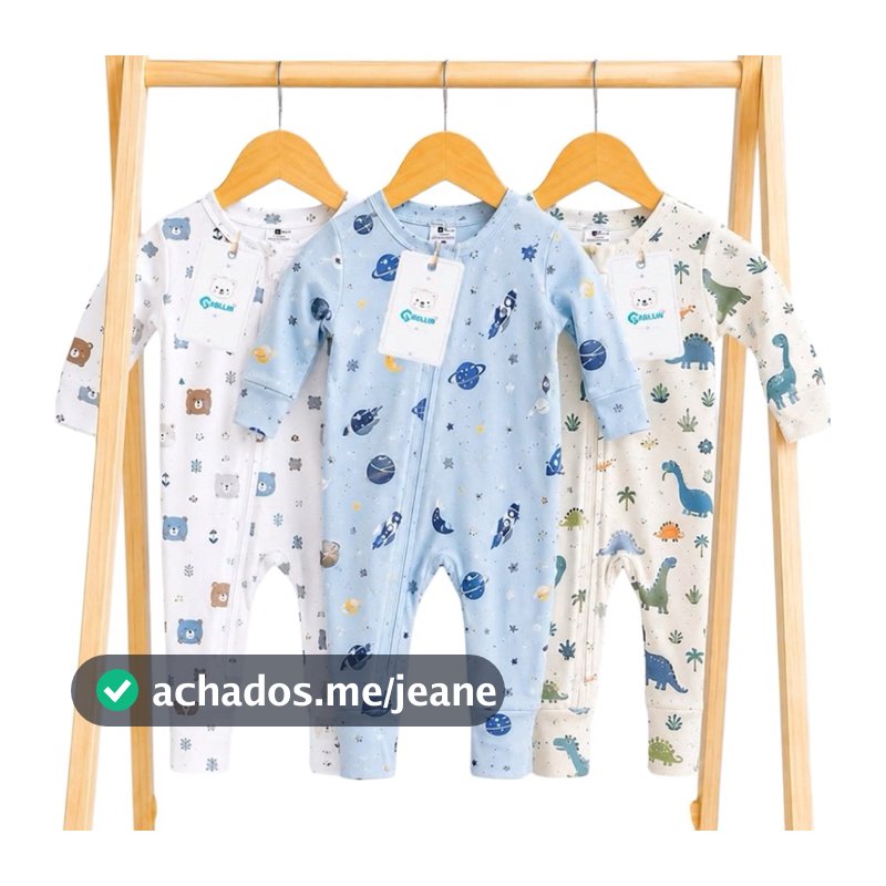 Kit 3 Macacões Bebê Infantil 100% Algodão para Menino Macacão com Zíper Vira Pé