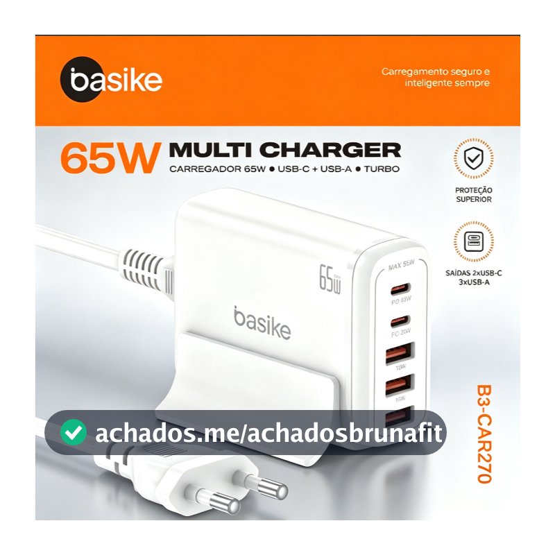 Carregador rápido de Mesa Basike 65W/30W Hub 1.5m Turbo 5 em 1 Desktop 3x USB 2x Tipo C PD QC3.0 Carregamento Rápido