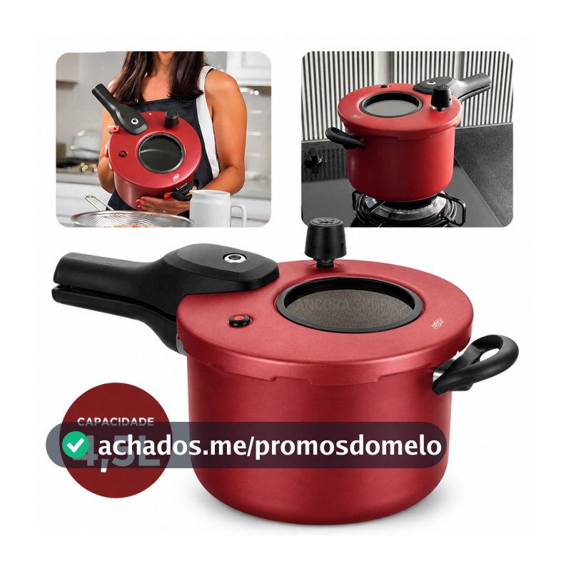 Panela de Pressão 4,5L com Visor de Vidro Antiaderente Fechamento Externo Vermelho Cereja MTA