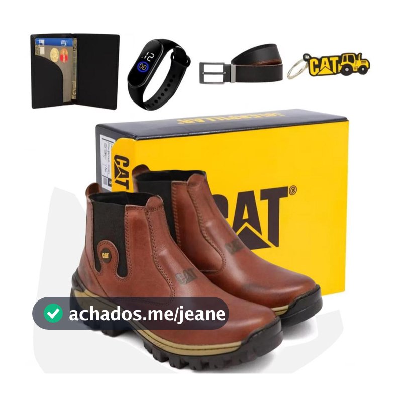 Bota Botina Masculina Cat Impermeável Adventure Trilha de Couro Reforçado Leve Solado Costurado + Cinto Carteira Relogio
