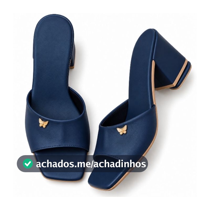 Tamanco Feminino Mule Azul Marinho Salto Bloco Bico Quadrado com Borboleta Dourada Elegante