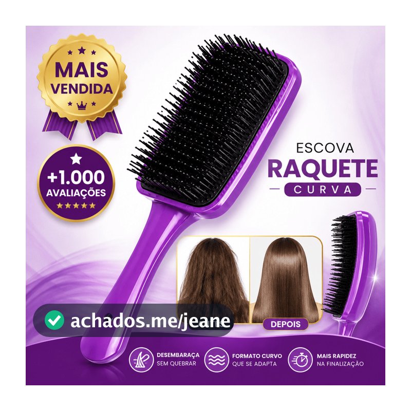 Escova Raquete Curva Para Cabelos Cacheados Lisos e Ondulados Cerdas Flexíveis Anti Frizz
