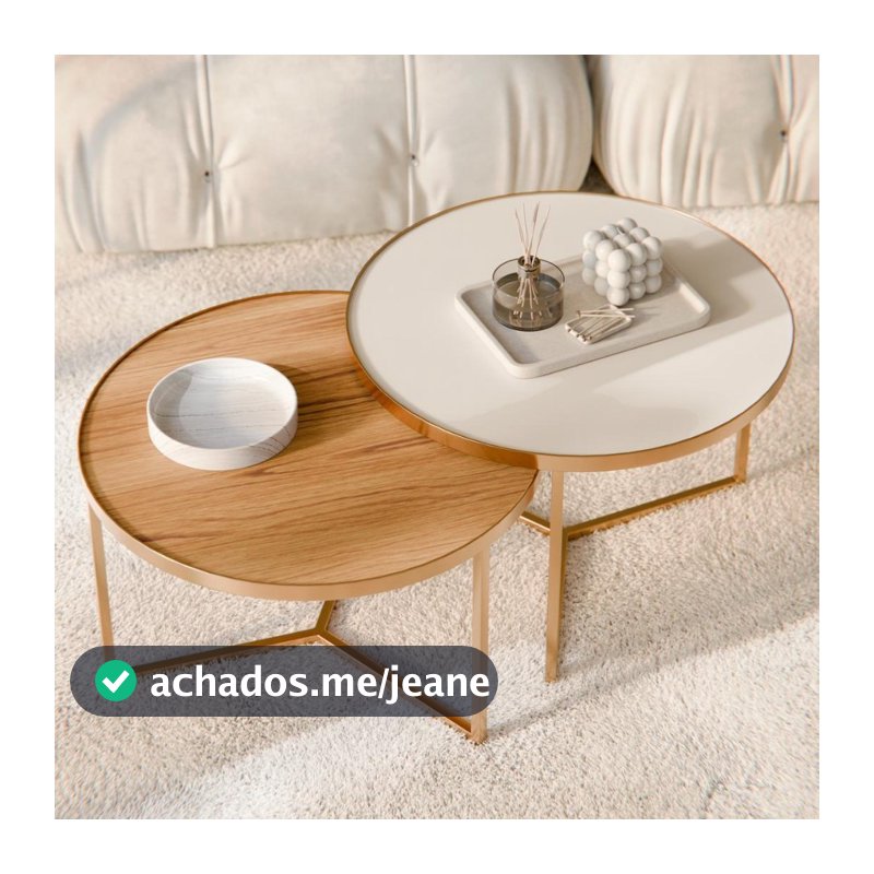 Kit 2 Mesas Mesinhas de Centro para Decoração Metal Dourada com Tampo de Vidro Off White e Tampo Lamina Cinamomo