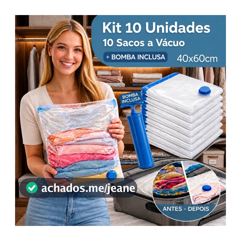 Kit 10 Sacos A Vácuo Médio Com Bomba Organizador Edredom Mala Roupa De Cama Tamanho Médio 40x60