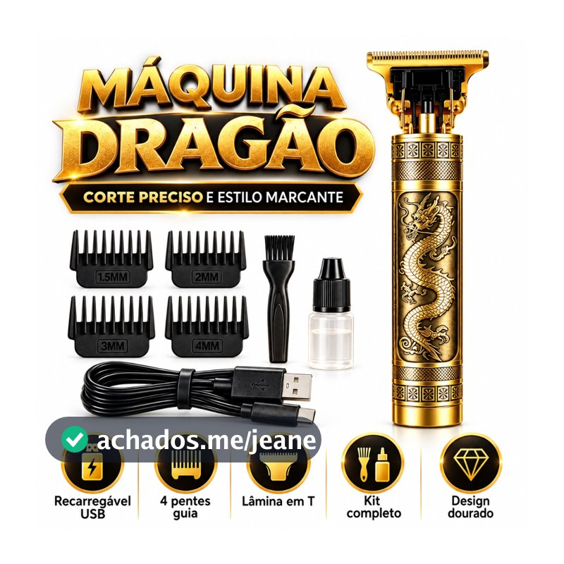 Máquina Profissional Dragão Acabamento Metal Sem Fio Cabelo Barba Pezinho Limitador de Lamina Ajustável