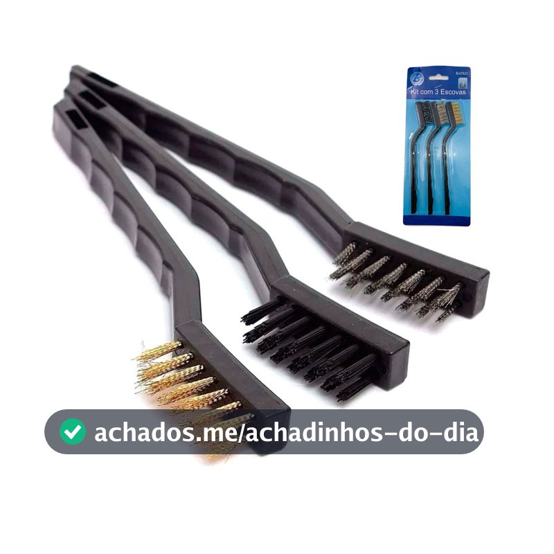 Escovas de Aço Multiuso Kit 3 Pcs Aço Latão Nylon Cabo Plástico