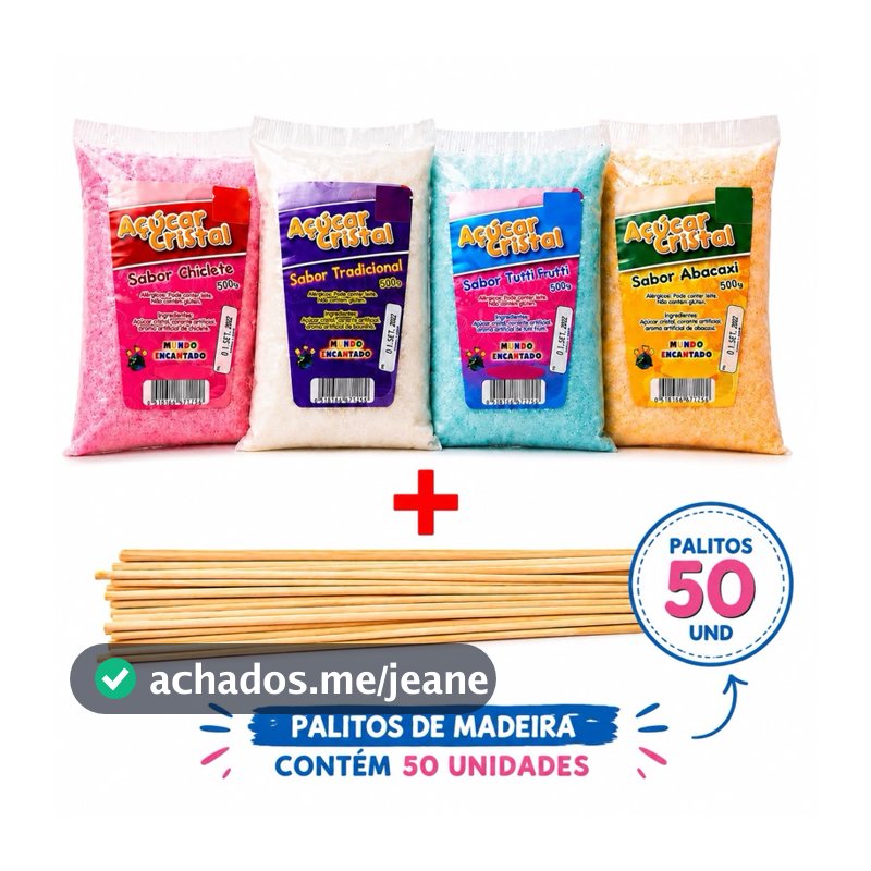 kit 4unidade Açúcar Sabaroziado 500g + 50unidade Palito Para Algodão Doce  Eventos  Culinária  Drinks