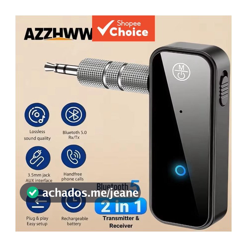 Adaptador de Áudio Bluetooth 6.0 3,5 mm AUX 2 em 1 Receptor e Transmissor para Caixa de Som Automotiva, Tablet e TV