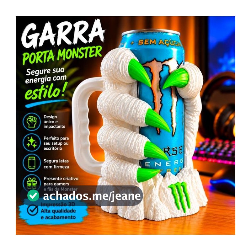 Kit Porta Lata Monster Energy Garra com Alça + Abridor chaveiro Monster – Suporte para Lata 473ml Gamer Decorativo