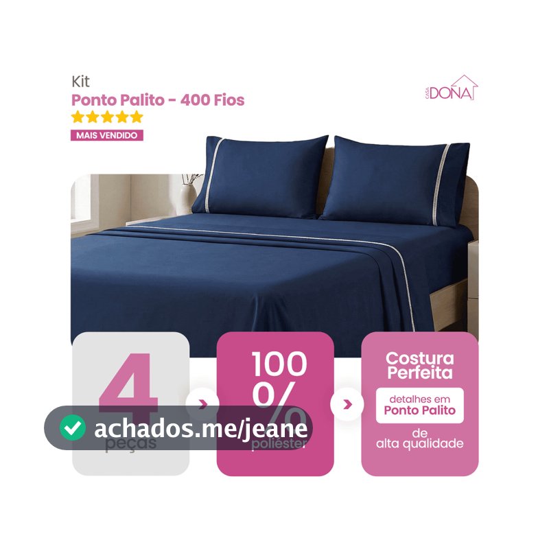 Jogo de Cama Lençol e Fronha 4 Peças 400 Fios Ponto Palito Toque Macio Premium Casa Dona