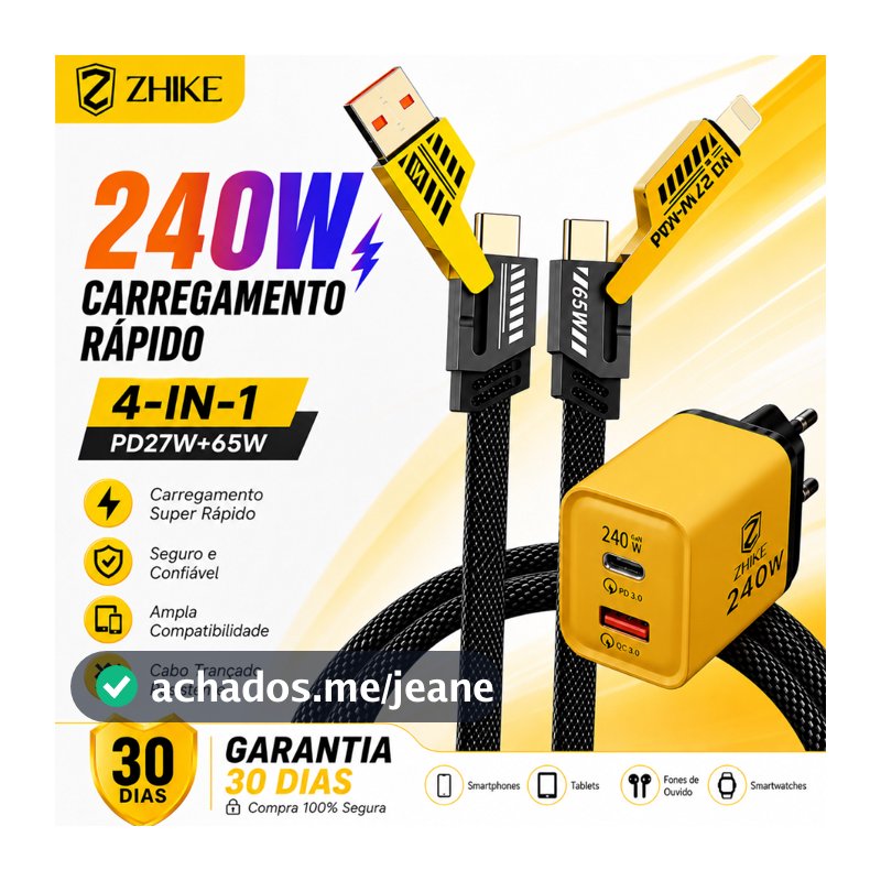 Kit Cabo Carregador Carregamento Rápido ZHIKE 4 em 1 USB Tipo C Para iP 1M Trança Nylon Com GaN Adaptador