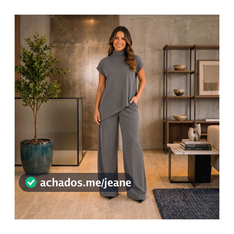 Conjunto Feminino Malha Trabalhada Modelagem Ampla Blusa Assimétrica Calça Pantalona