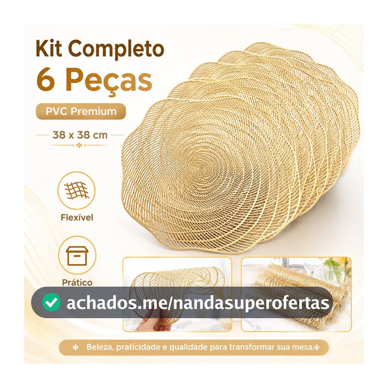 Kit 6 Jogo Americano Sousplat PVC Redondo Dourado Para Mesa de Cozinha Sala de Jantar