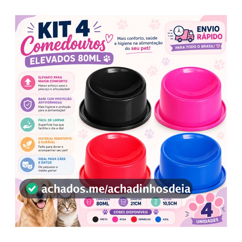 Kit 4 Comedouro Elevado Gato Ergonômico Pequeno 80ml Comedouro Gato Pet Shop