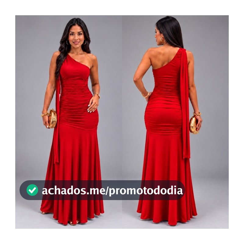 Vestido longo vermelho feminino de alça única com babado e recorte justo
