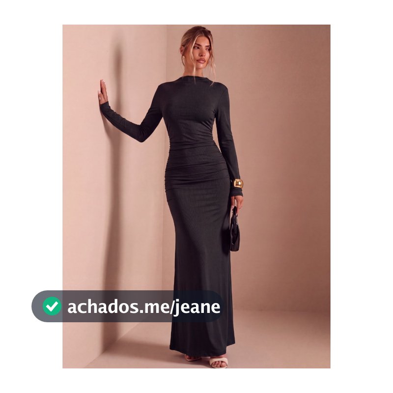 Vestido Longo Feminino Moda Gringa Franzido Nas Laterais Manga Longa Suplex Elegante Festa Casamento
