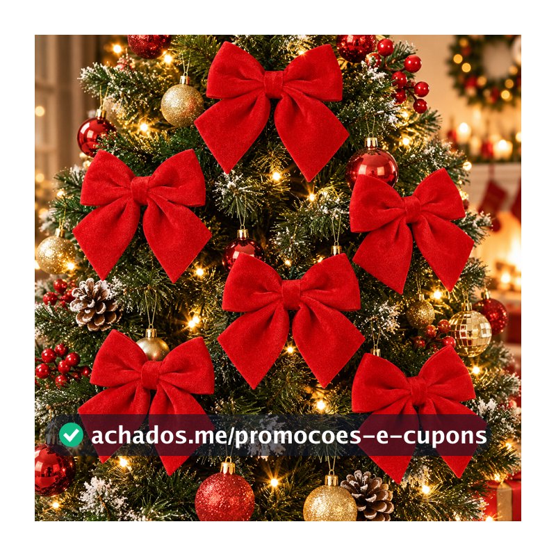 Kit 6 Laços Natalinos Vermelhos de Veludo 14x15cm para Árvore de Natal Guirlanda Porta e Decoração de Casa