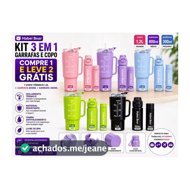 Kit 3 em 1 Copo Térmico 1,2L com Canudo + Garrafa 800ml + Garrafa 300ml Habei Bea