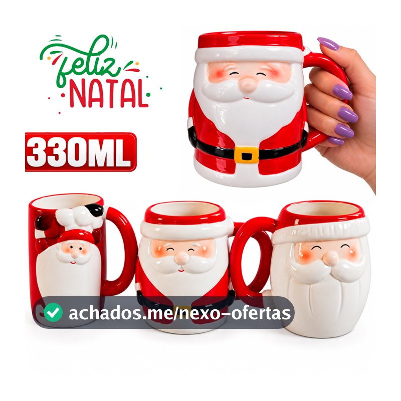 Caneca Papai Noel Porcelana Cerâmica Natal Decoração Natalina Presente 330ml em Dolomita