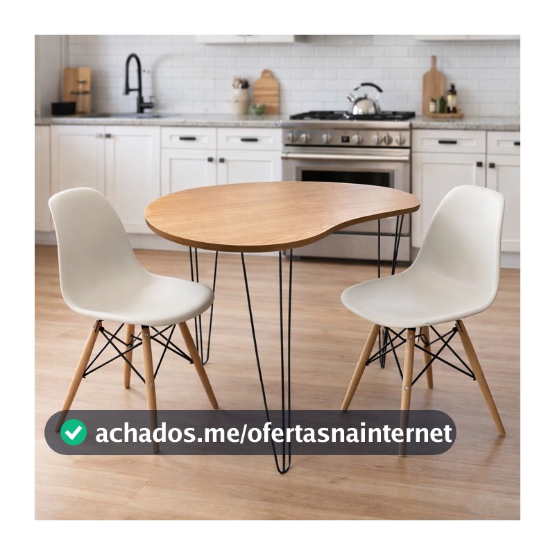 Mesa de Jantar Orgânica 2 Lugares 90x60 Compacta Cozinha Pequena Apartamento Pés Agulha em Aço Madeira Ecom
