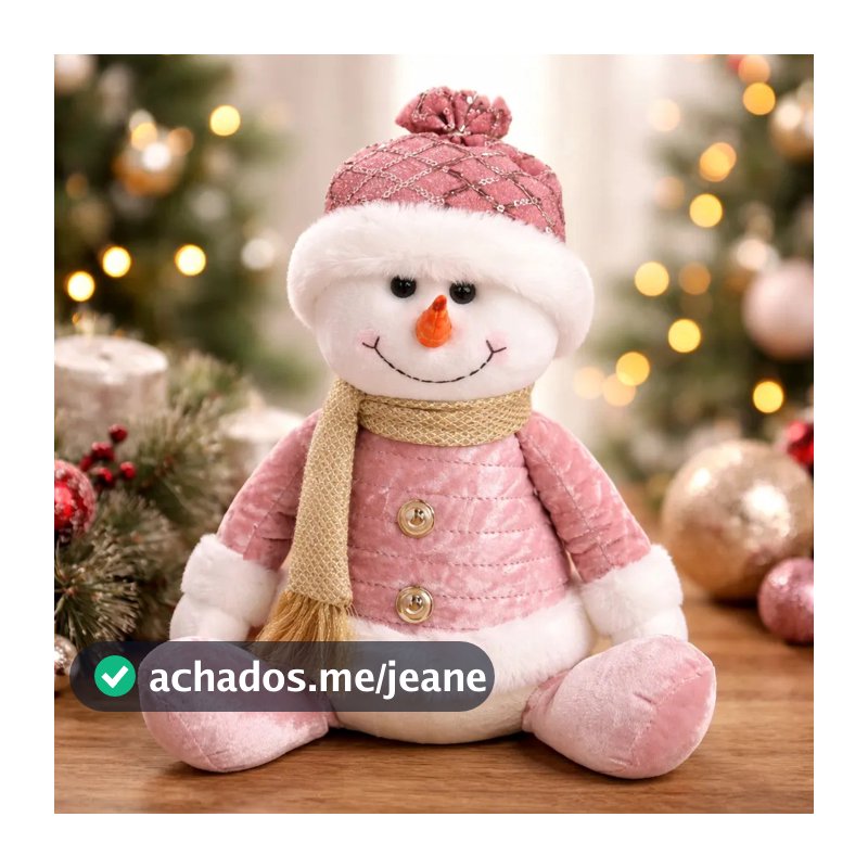 Boneco De Neve Rosa Sentado Pelúcia Enfeite De Natal 30cm