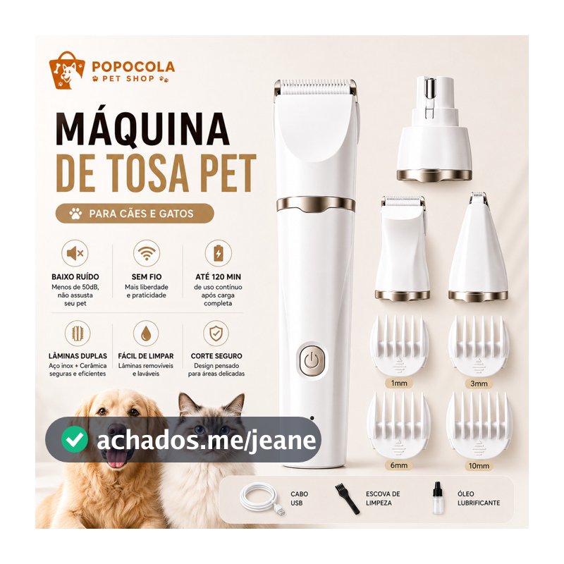 Máquina de Tosa Pet Sem Fio Aparador de Pelos USB para Cães e Gatos Baixo Ruído Profissional