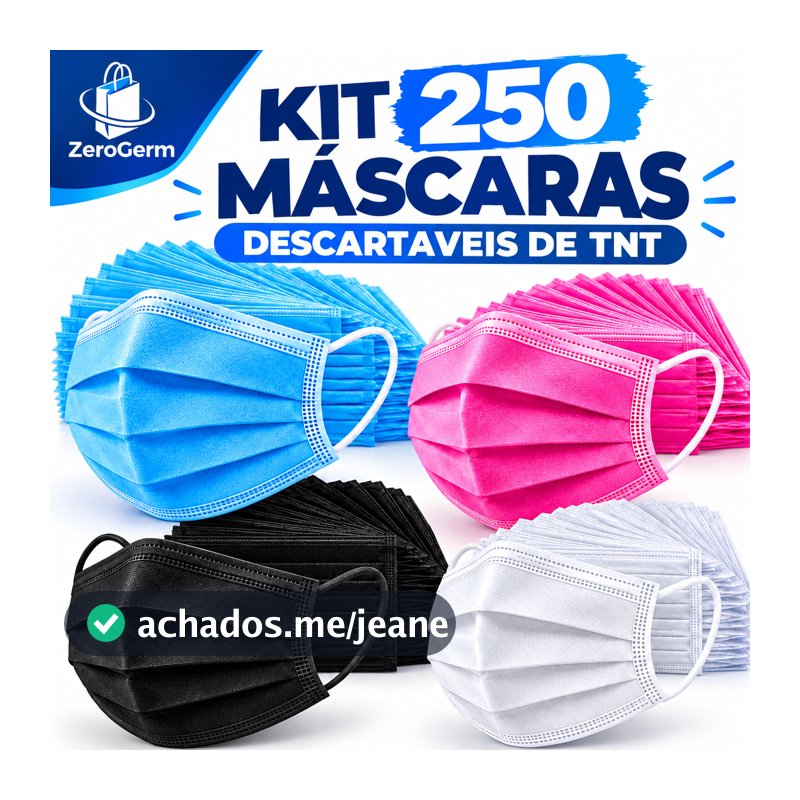 Kit 250 Máscaras Descartaveis TNT Preta, Branca, Azul Ou Rosa Tripla Camada Adulto