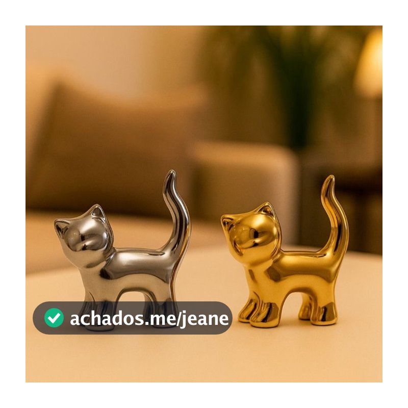 Enfeite Decorativo Gato Dourado e Prata Metalizado Moderno Casa Escritório Sala Presente Criativo