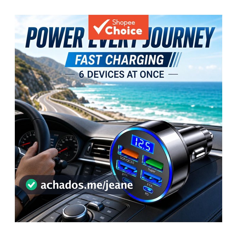 Carregador De Carro De 6 Portas Qc3.0 Pd 3.1a 4usb Tipo-c Display Digital Inteligente Com Detecção De Tensão