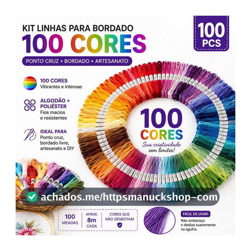 Kit 100 Meadas de Linhas de Bordado Ponto Cruz Artesanato Fio Poliéster algodão