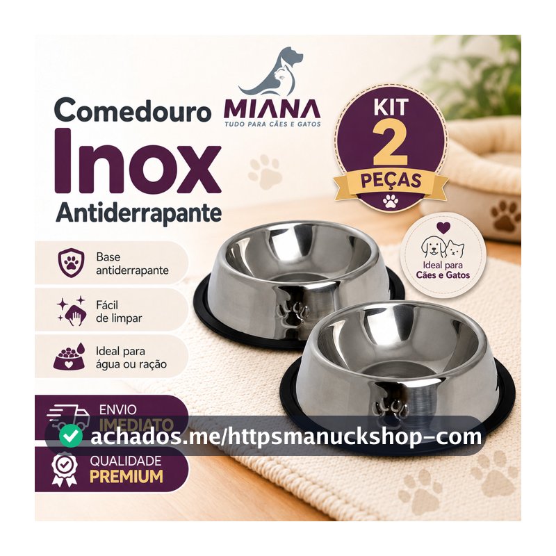 Kit 2 Tigela Comedouro Pote EM AÇO INOX BASE DE BORRACHA Inox Caes Cachorro Dog Gatos Gato