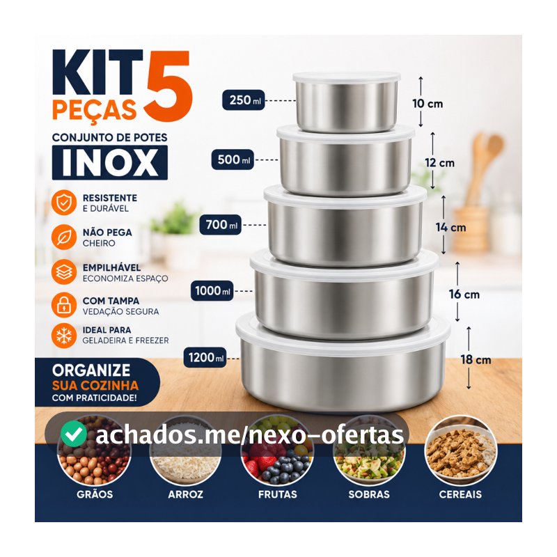 Kit 5 Potes Inox Com Tampa Redondo Porta Alimentos Cozinha Jogo Organizador Cozinha
