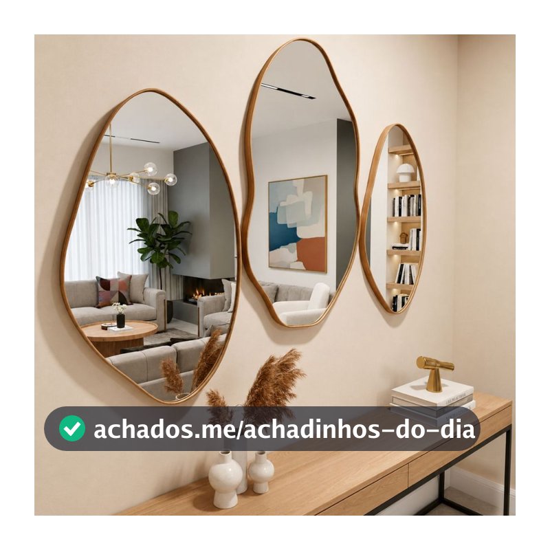 Kit 3 Espelhos Orgânicos Decorativos Parede 60x40 e 70x50 Moldura Couro Reforçado + Suporte Sala Quarto Banheiro