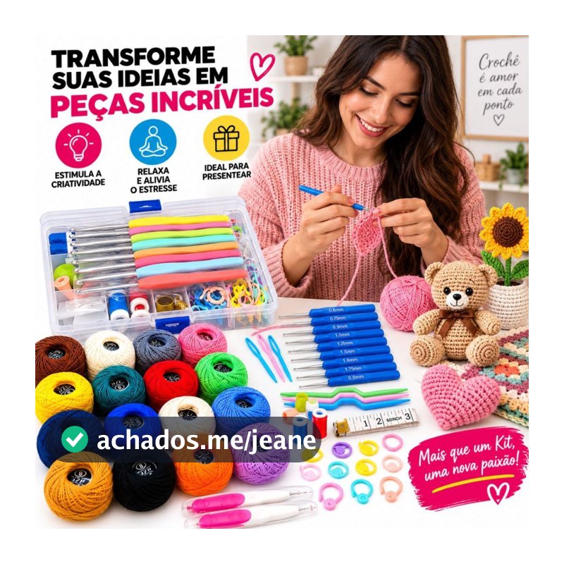 Kit Crochê Completo Trico 8 Agulhas Cabo Soft Emborrachado 12 Linhas Algodão Colorida 69 Peças