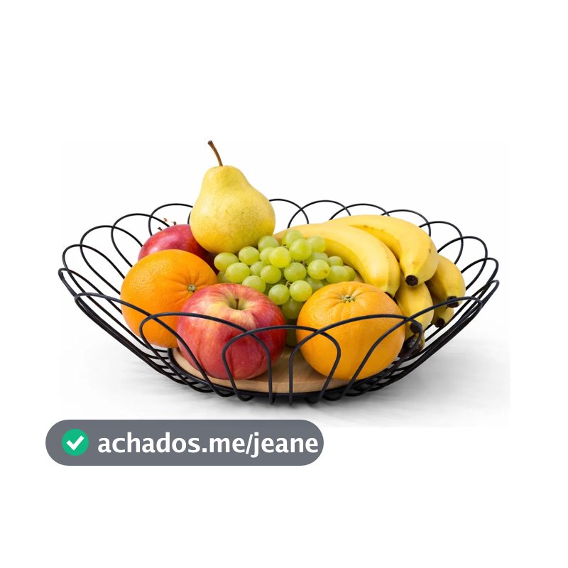 Fruteira De Mesa Preta Com Base De Madeira 28cm Porta Frutas