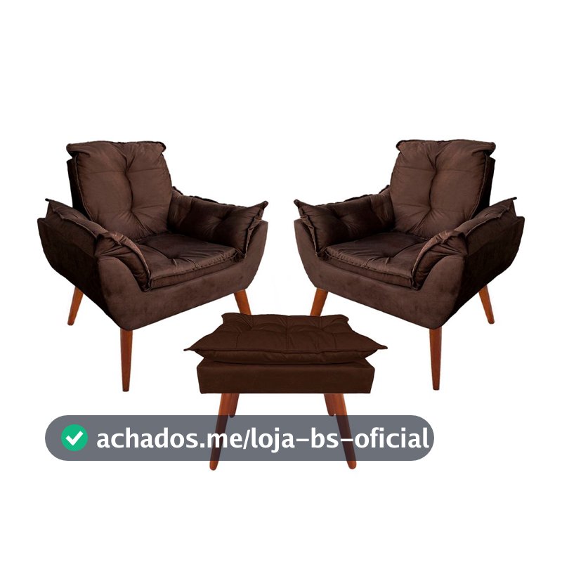 2 Poltronas Cadeira Estofada com Pés de Madeira Palito em Suede Várias Cores Com Puff Puf Opalla