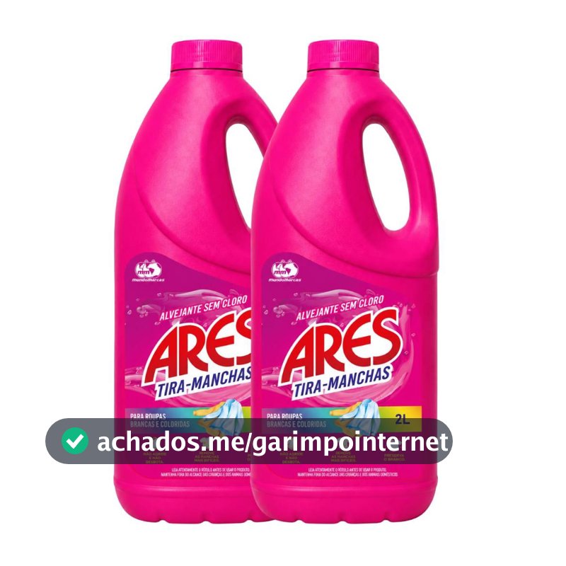 Kit 2 Unidades Alvejante Tira Manchas Líquido Ares Sem Cloro 2L Roupas Brancas e Coloridas