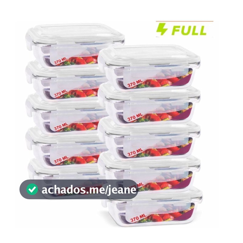 Kit 10 Pote Hermético de Vidro 370ml Marmita Fit Tampa 4 Travas Freezer Microondas Geladeira