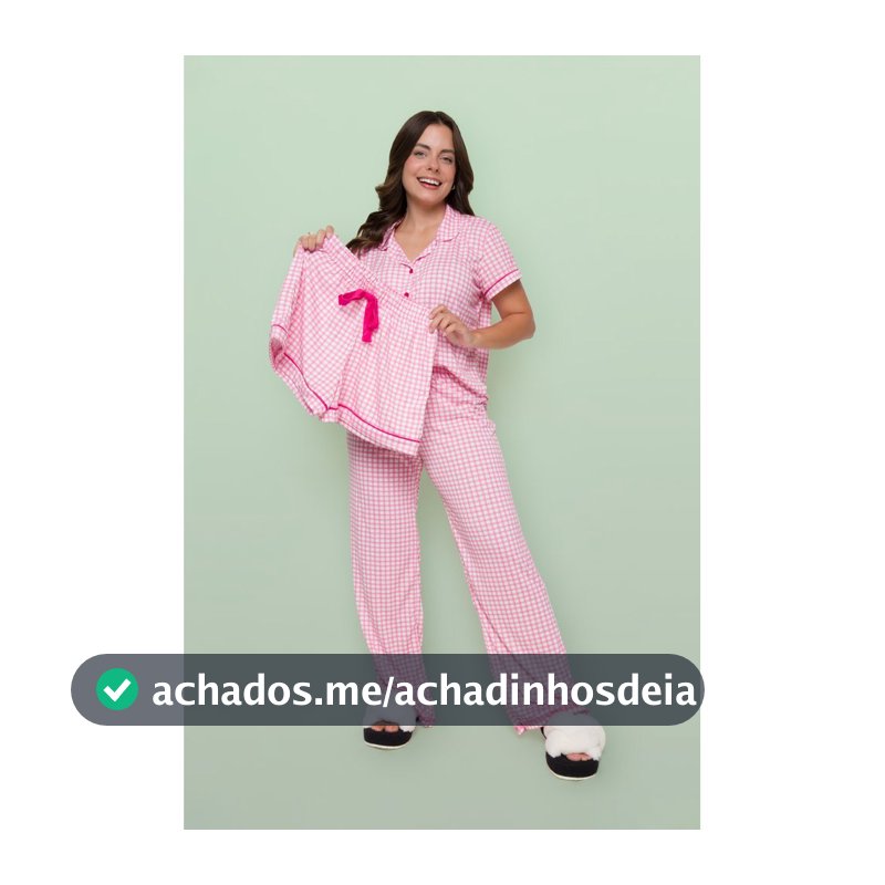 Pijama Americano Blogueirinha Kit 3 Peças Blusa Shorts Calça Xadrez Rosa
