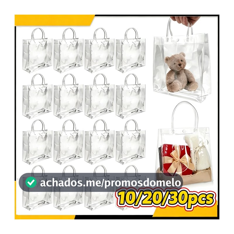 Até 30 Sacolinhas de Presente Transparentes 3 Tamanhos em PVC com Alças e Botões para Lembrancinhas