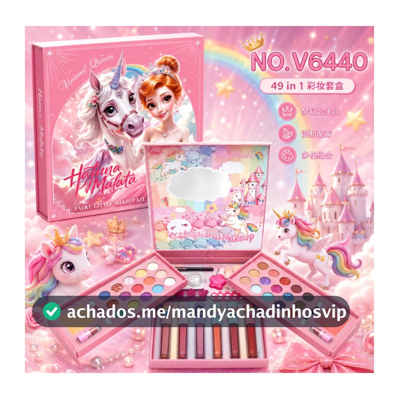 Maleta de Maquiagem Infantil 49 em 1 Princesa & Unicórnio Paleta Kit Completo Com Espelho