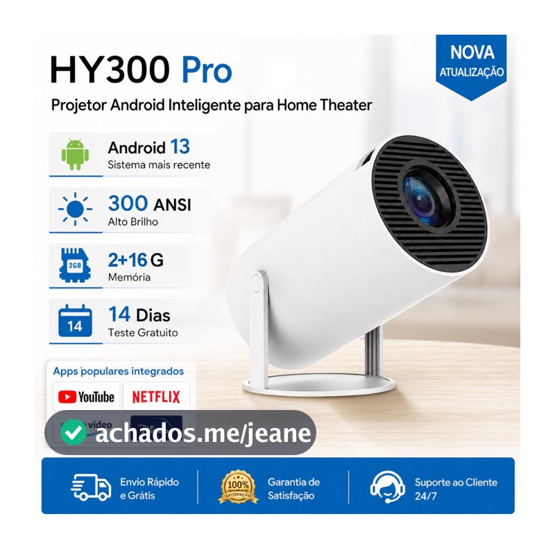 Projetor HY300 Pro 300ANSI 1080P Android 13.0 2GB+16GB WiFi 6 Netflix YouTube Mini Portátil Cinema Promoção